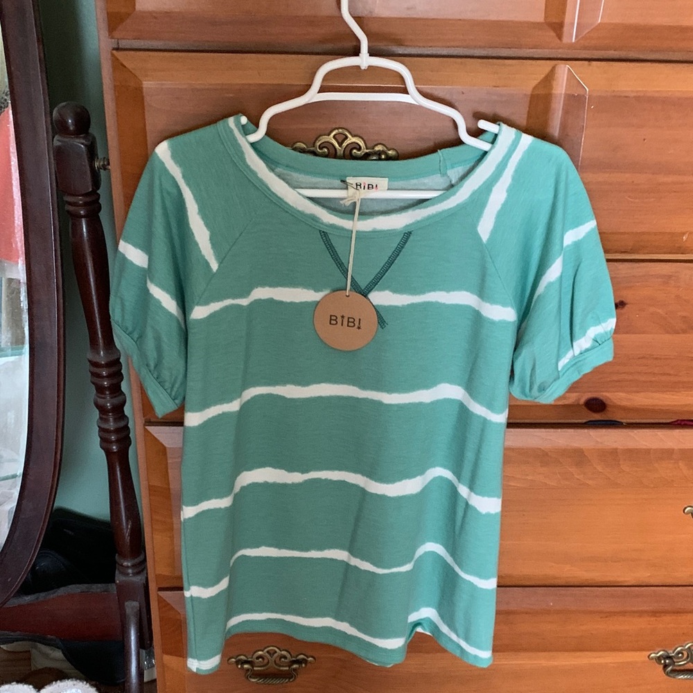 BiBi Seafoam Green & White Striped Short Sleeve Top